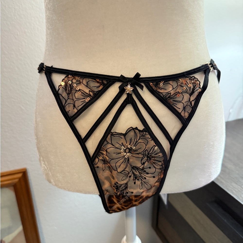 Honey Birdette Black and Brown High-Cut Lace Panty
